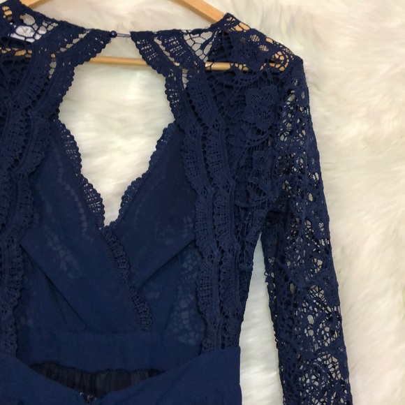 Navy Blue Long Sleeve Lace Maxi Dress - Picture 6 of 6